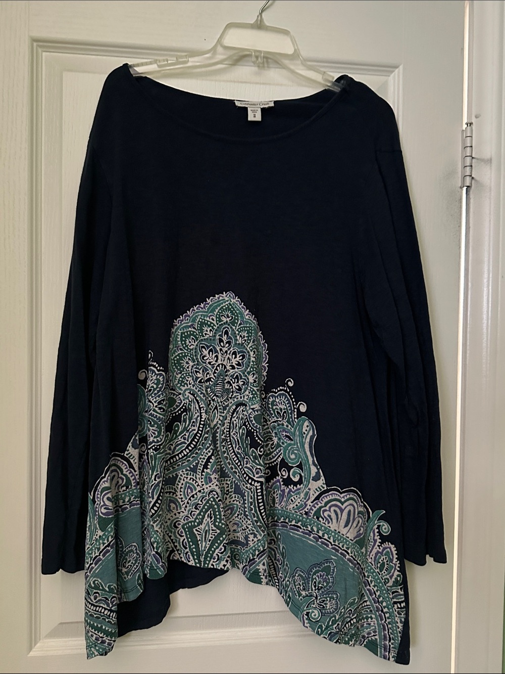 Coldwater Creek Navy Long-Sleeve Top with Teal Paisley Hem